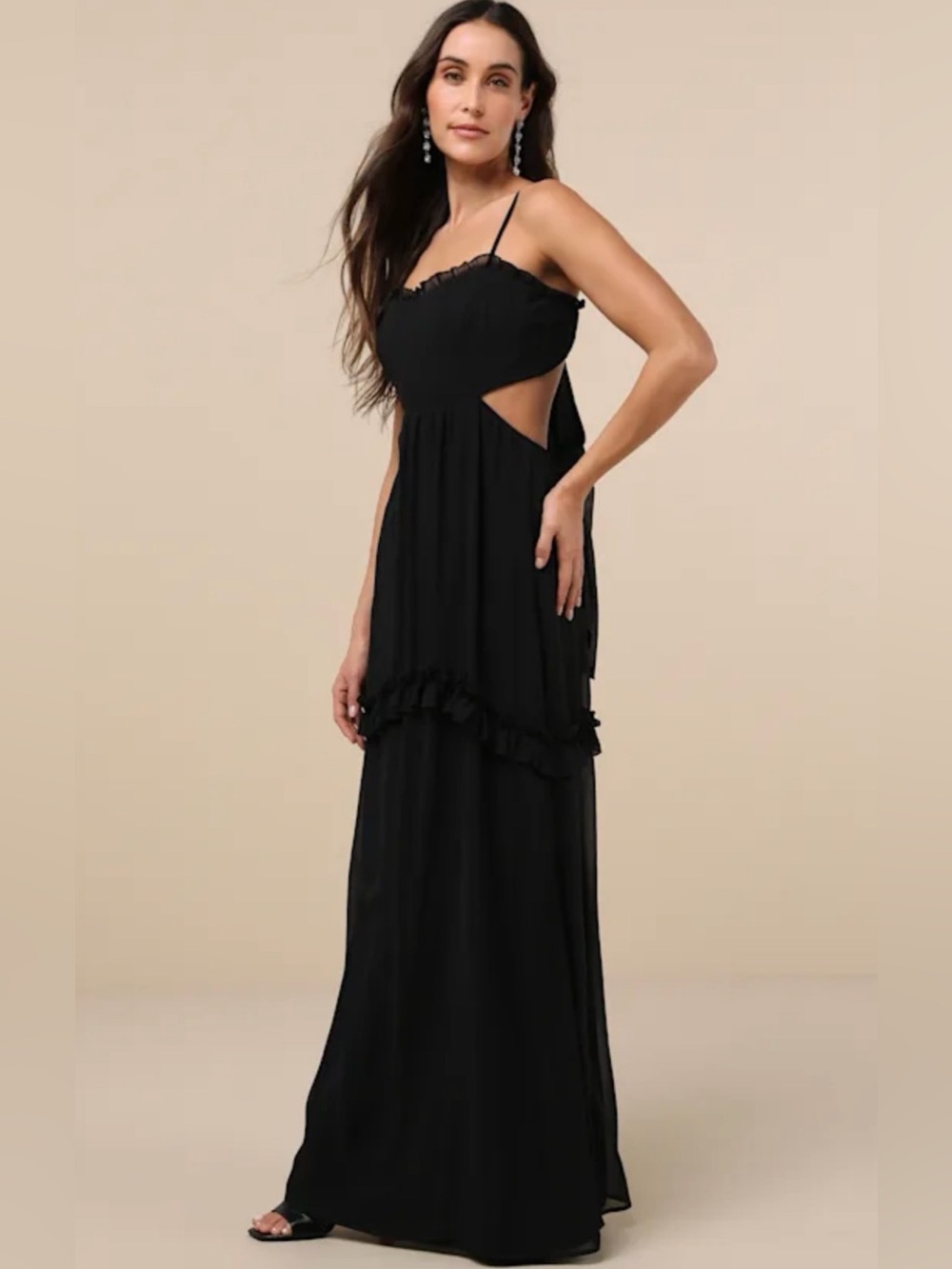 Lulus NWT Pronounced Perfection Black Cut Out Tie Back Maxi Dress M